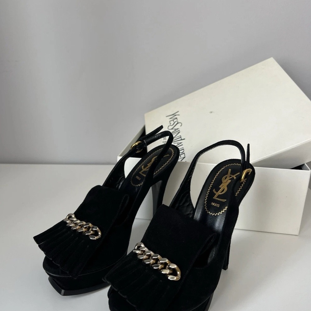 Yves Saint Laurent Black Heels with Chain Accent - Picture 2 of 5
